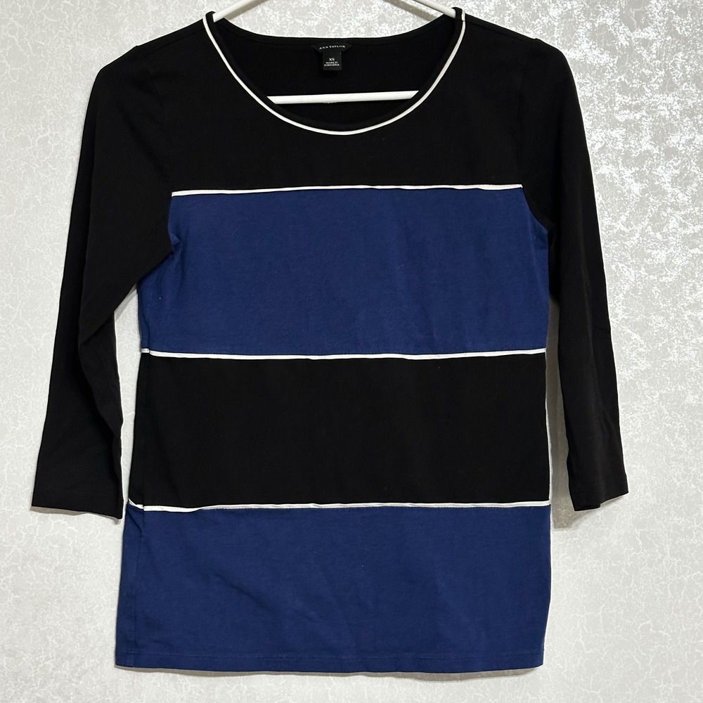 Ann Taylor Colorblock 3/4 Sleeve Top Black‎ Blue White Piping Nautical Preppy XS